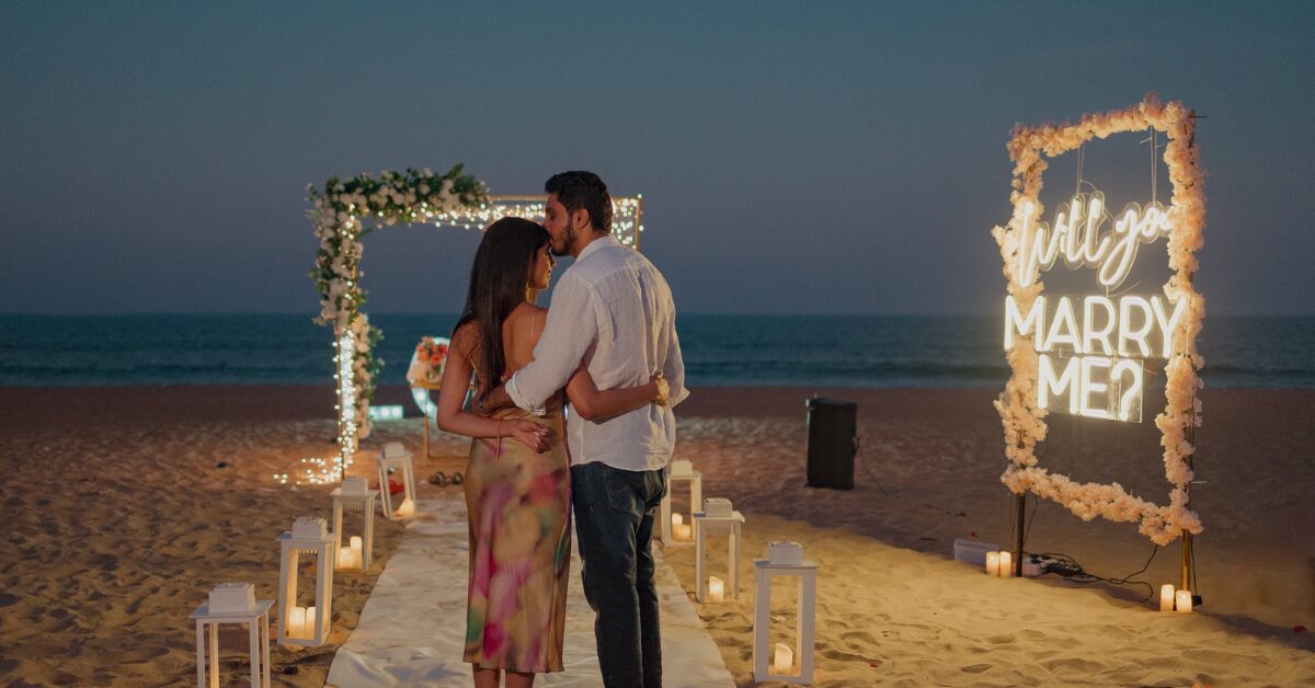 Beach proposal setup at twilight on Chennai beach